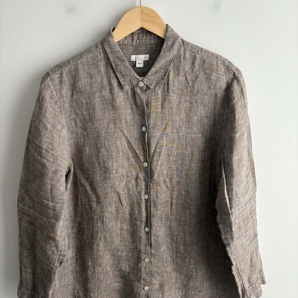 J Jill Love Linen Shirt Large Heather Brown Button Up Essential Shirt Long Slv - Picture 8 of 8
